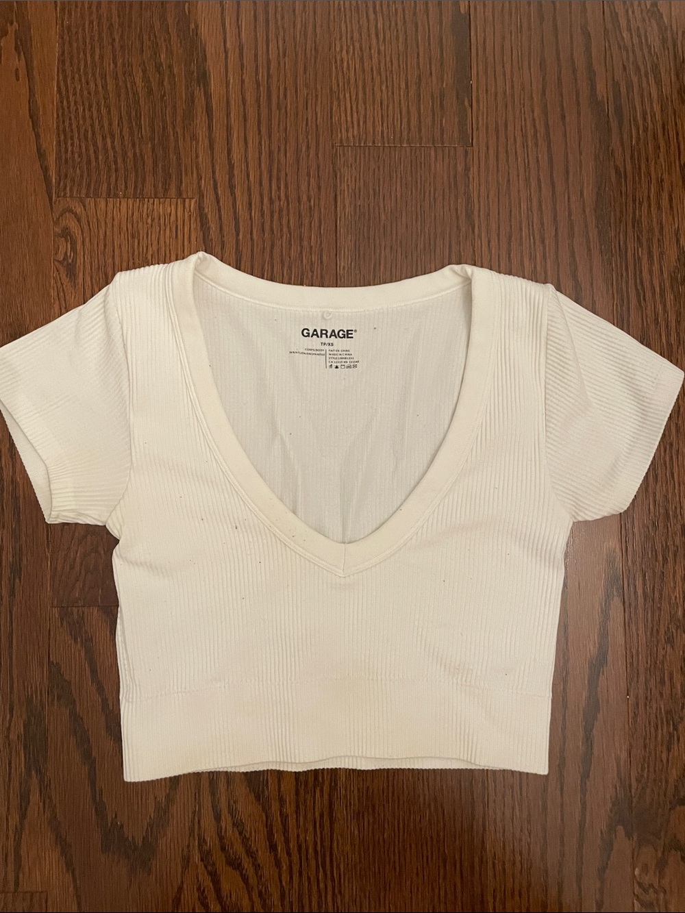 Garage White Ribbed V-Neck Crop Top